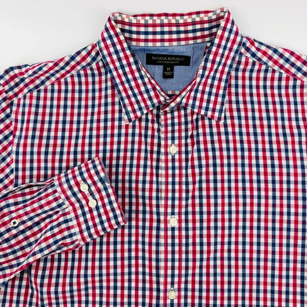 Banana Republic Shirt Mens M Soft Wash Slim Fit Gingham Button Down Red Blue
